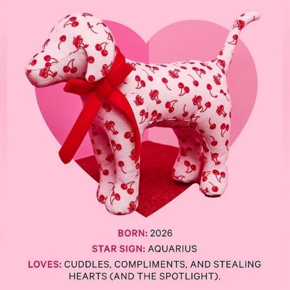PINK Victoria's Secret Pink Cherry Print Plush Dog Toy with Red Bow